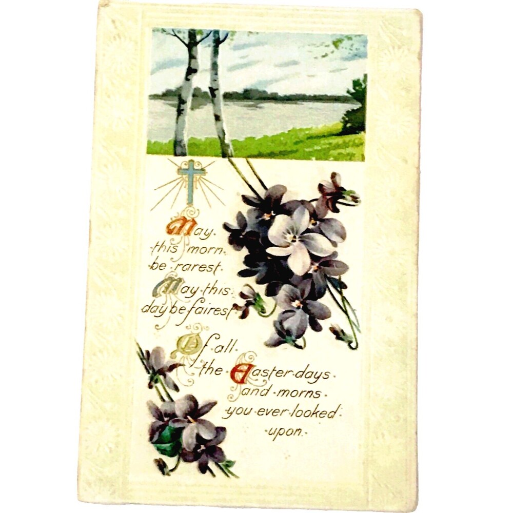 Easter Watercolor Embossed Postcard Landscape Violets Flowers Cross Antique 1912